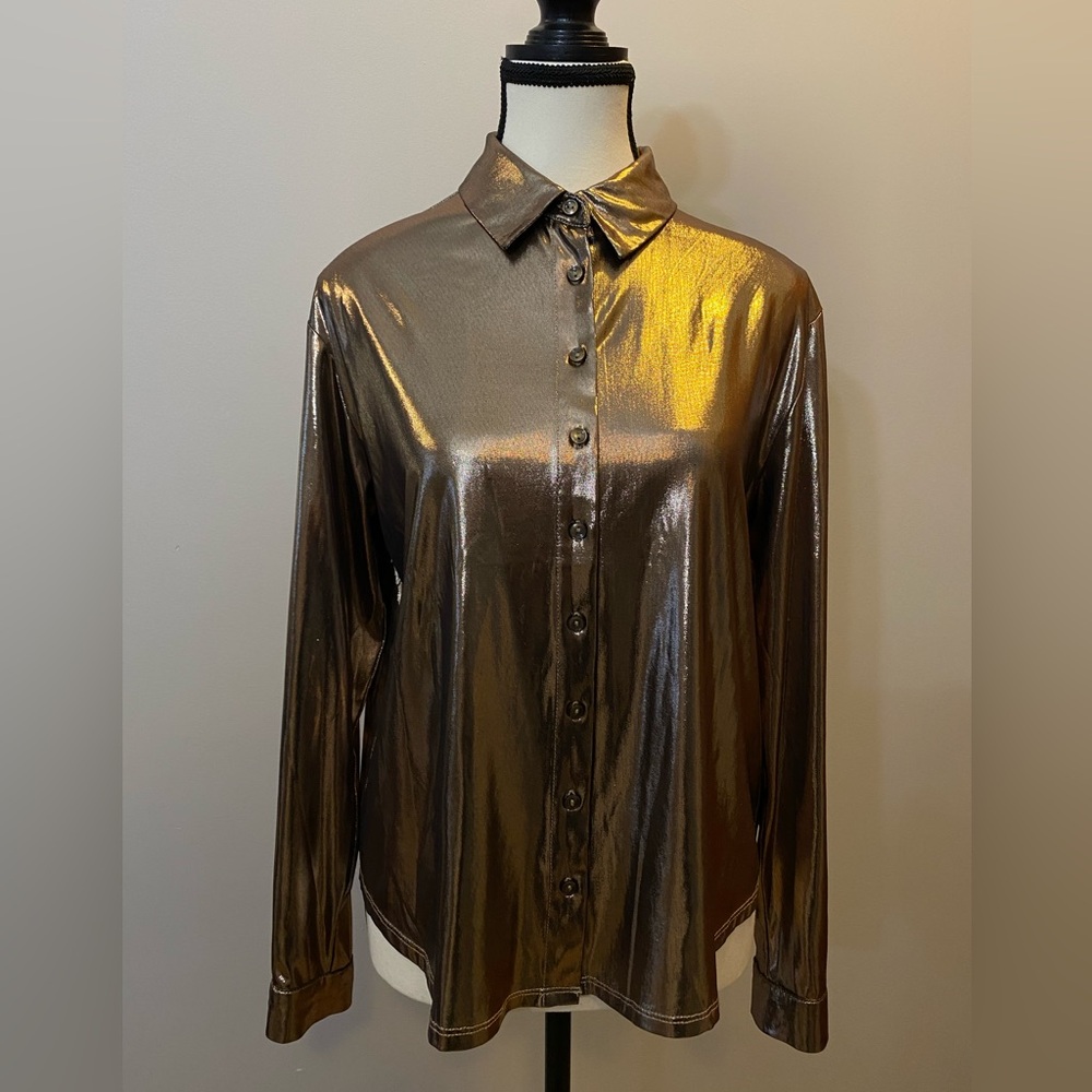 Rachel Zoe Liquid Copper Button-Down Shirt Size L metallic chic event